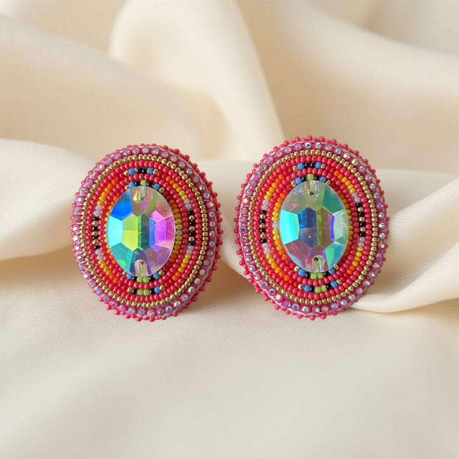 Dk Pink Beaded Earrings Rhinestone Center (Annie Merrill)