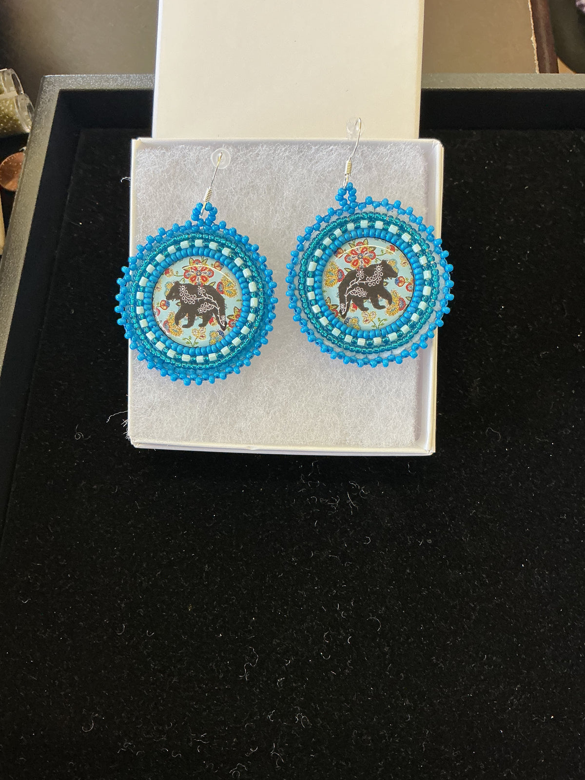 Blue Floral Bear Round Dangle Earrings