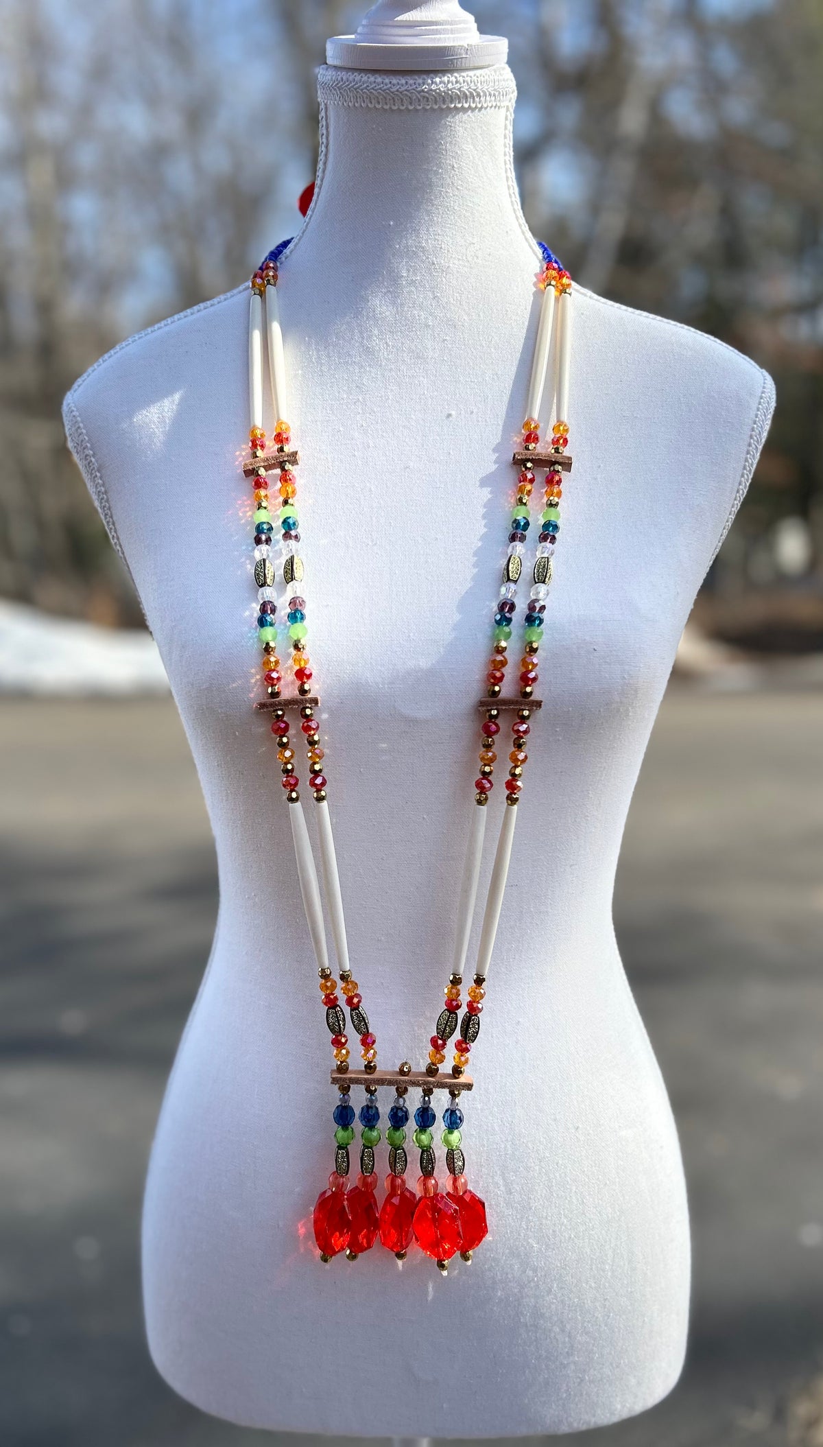 Red Two Strand Bone Necklace by Arlene Thunder