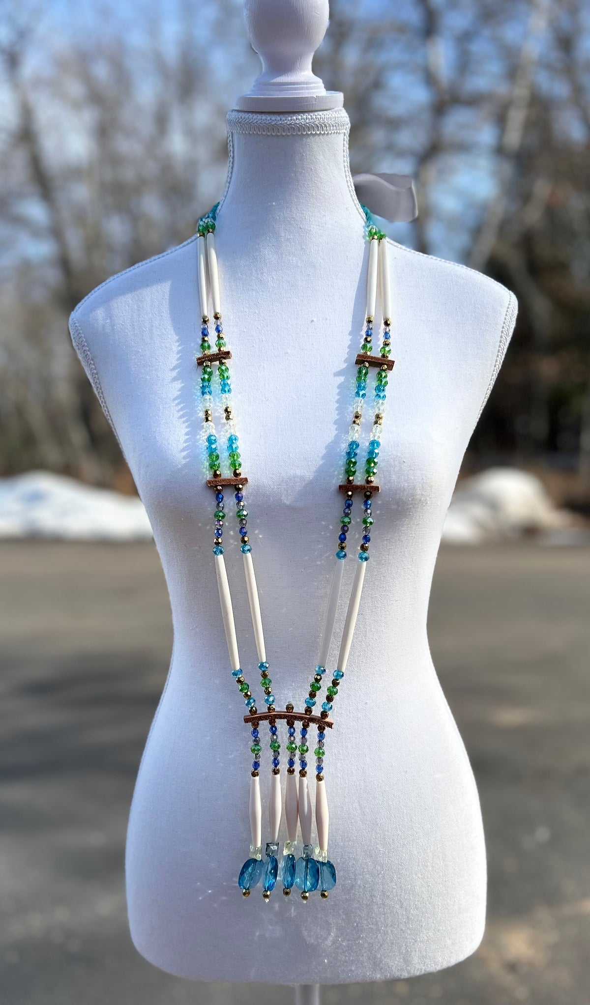 Blue and Green Two Strand Bone Necklace by Arlene Thunder