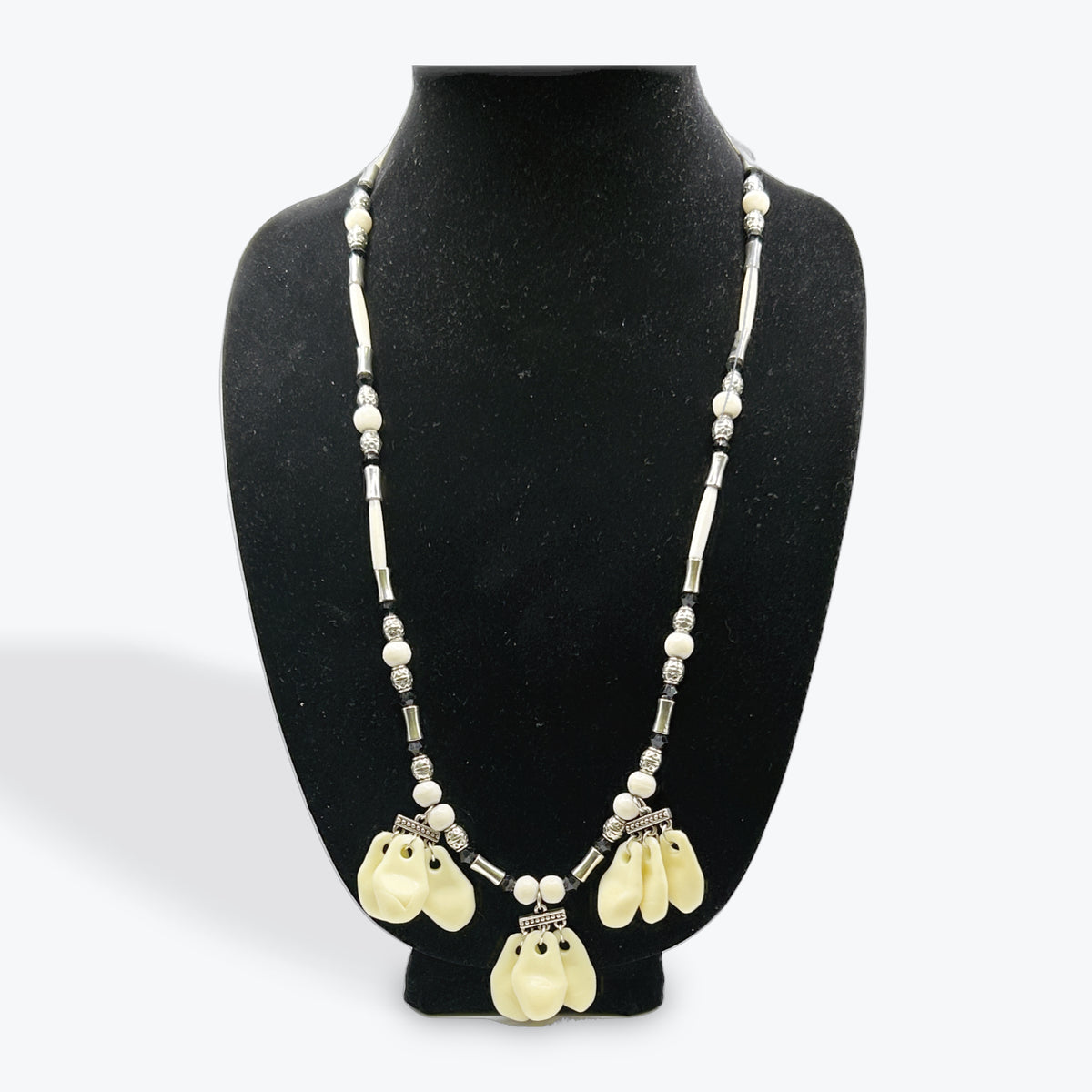 Black and Silver with Elk Teeth Necklace by Wanetta Thompson