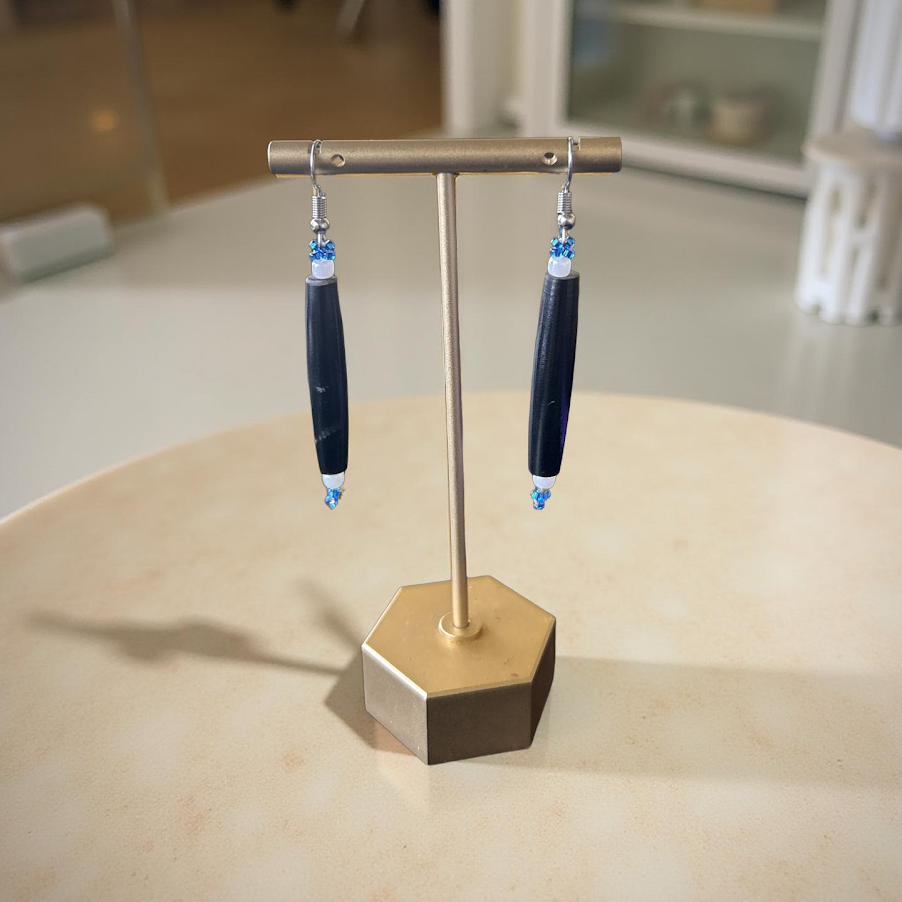 White and Blue 1 1/2" Black Hair Pipe Earrings