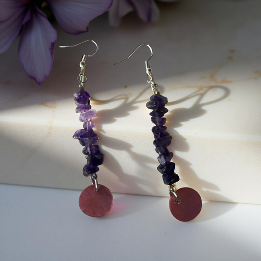 Amethyst and Pink Shell Drop Earrings (Ojibwe Dreams)