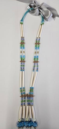 Blue and Green Two Strand Bone Necklace by Arlene Thunder