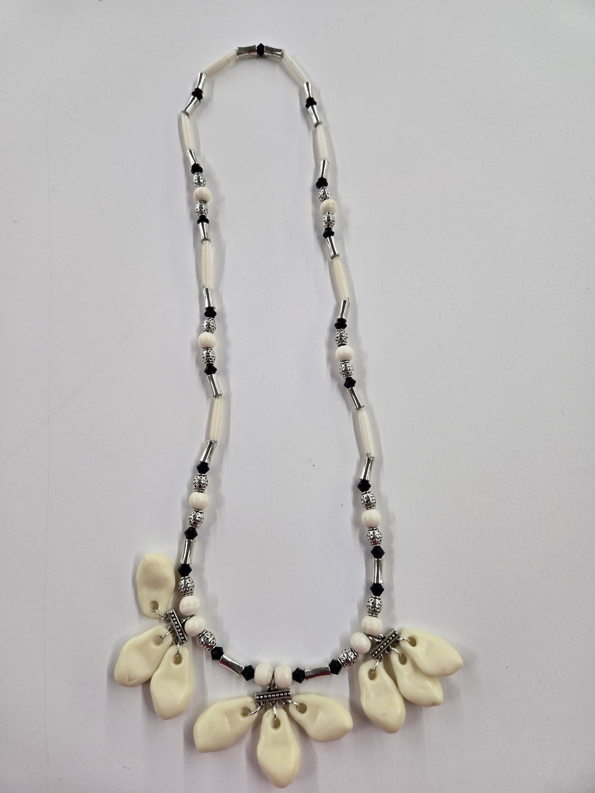 Black and Silver with Elk Teeth Necklace by Wanetta Thompson